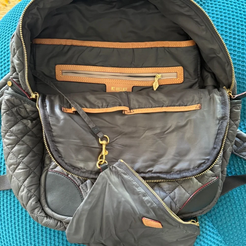 MZ Wallace Quilted Gray Backpack with Gold Hardware